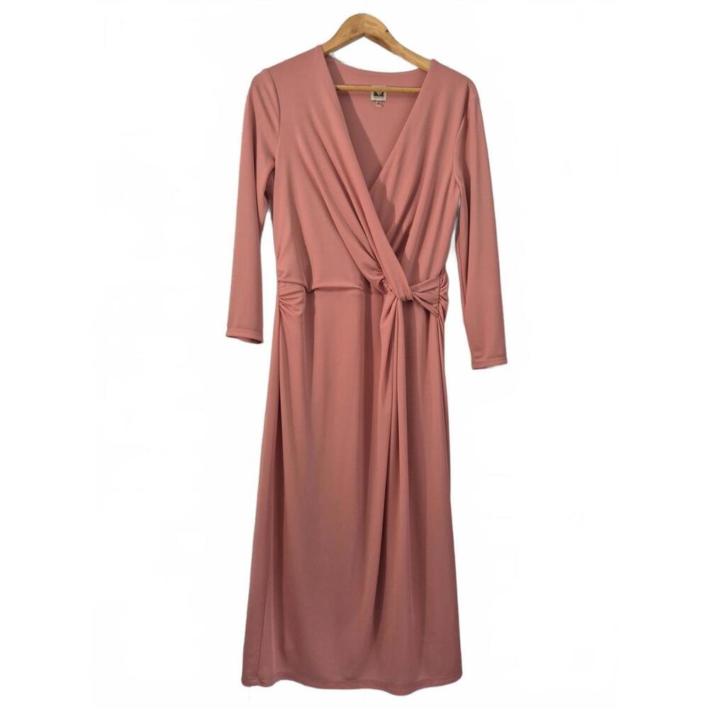 Anne Klein Ladies 3/4  Sleeve Wrap Bodice Knot Waist Midi Style Dress V-Neck Str